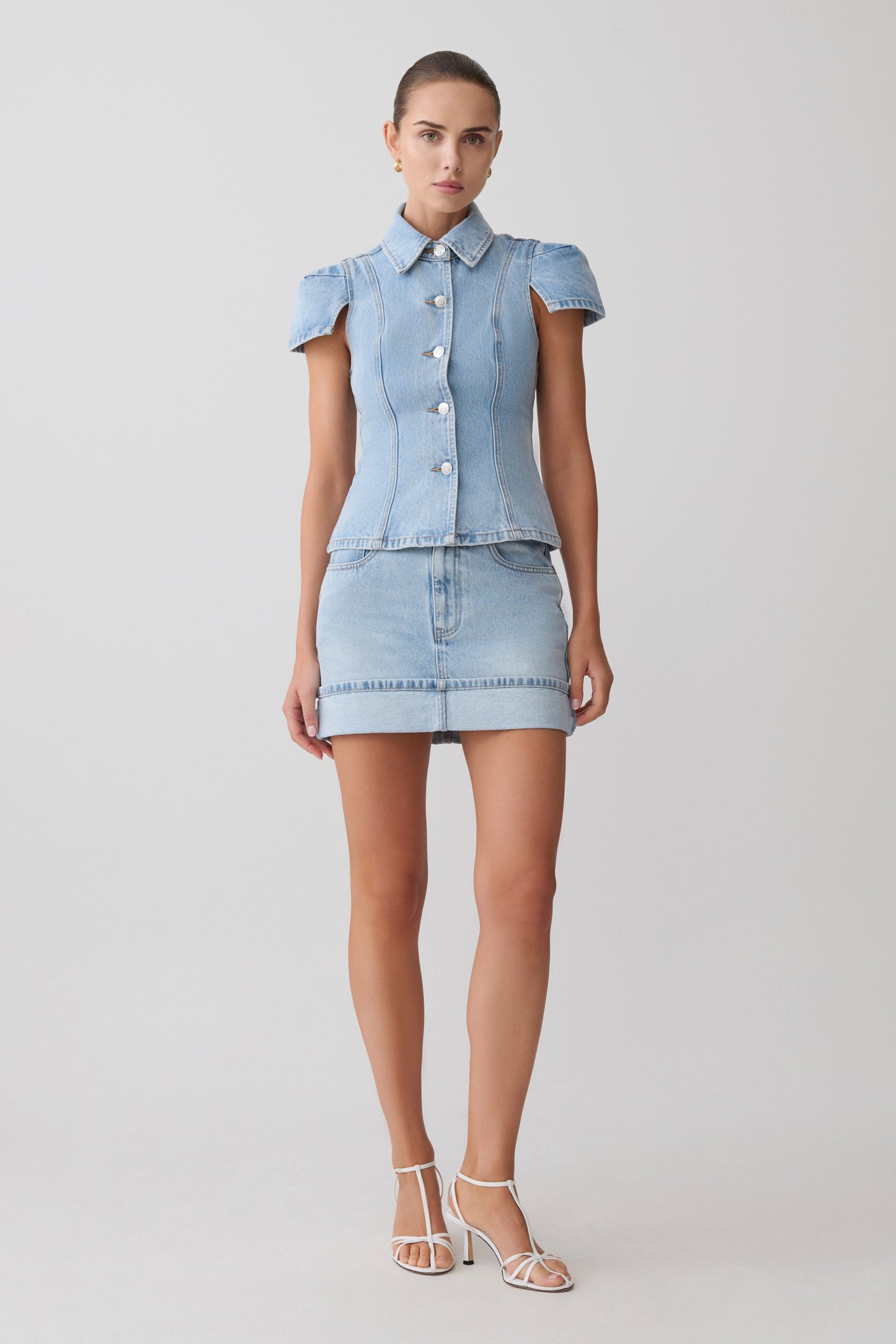 Lakoda Cuffed Denim Mini Skirt - Washed Light Blue