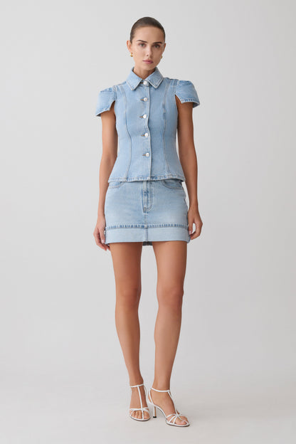 Lakoda Cuffed Denim Mini Skirt - Washed Light Blue