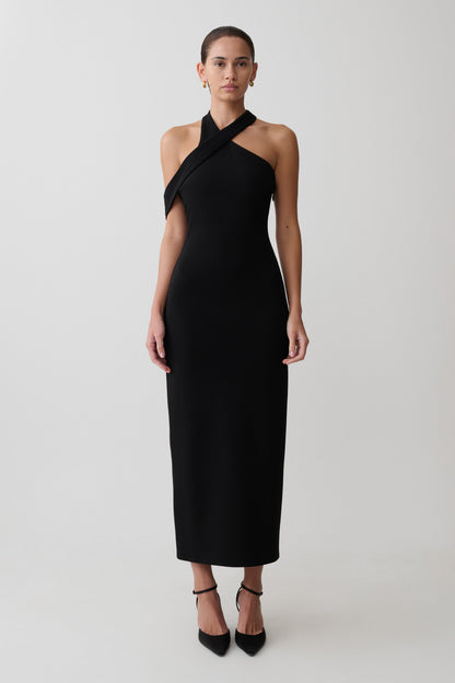 Sable Crossover Crepe Midi Dress - Black