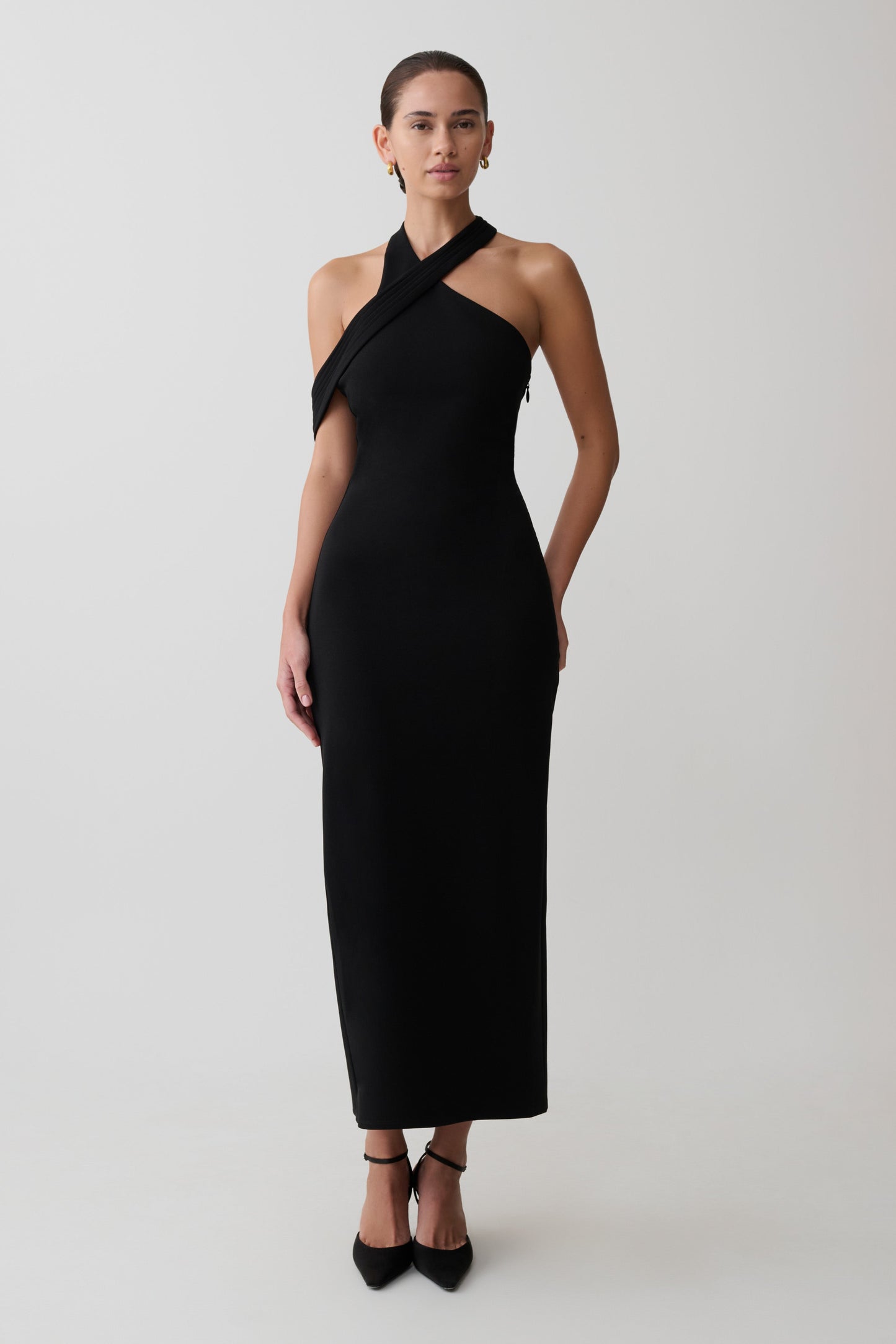Sable Crossover Crepe Midi Dress - Black