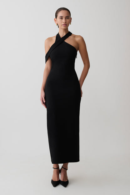 Sable Crossover Crepe Midi Dress - Black
