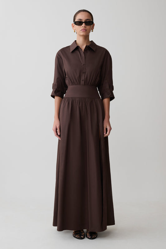 Isolde Long Sleeve Cotton Maxi Dress - Dark Chocolate