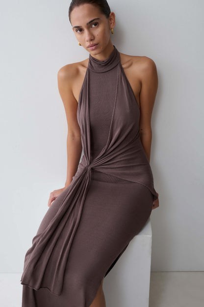 Cindylou Halter Knit Maxi Dress - Peppercorn