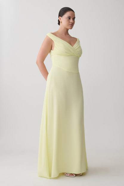 Mabel Off Shoulder Chiffon Maxi Dress - Lemon