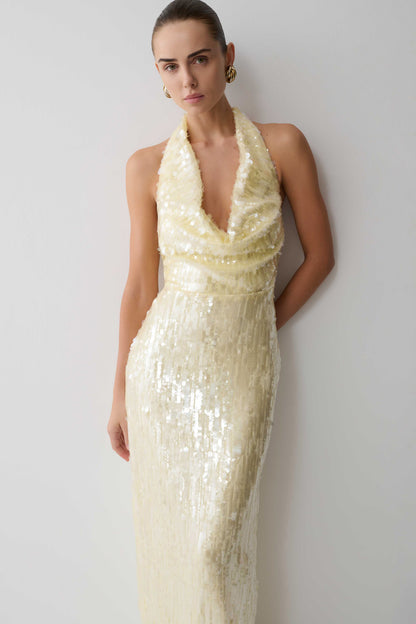 Gertrud Sequin Halter Maxi Dress - Lemon