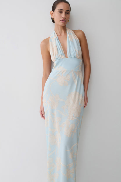 Nadine Halter Scarf Chiffon Maxi Dress - Blue Floral Print