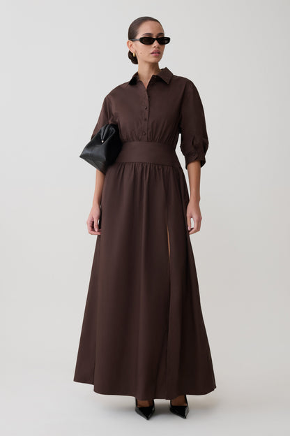 Isolde Long Sleeve Cotton Maxi Dress - Dark Chocolate