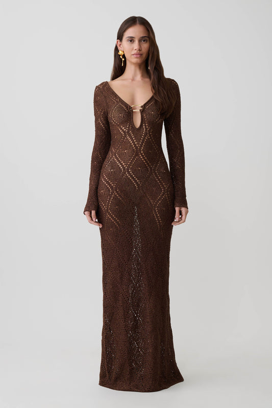 Chelsea Lurex Crochet Maxi Dress - Bronze