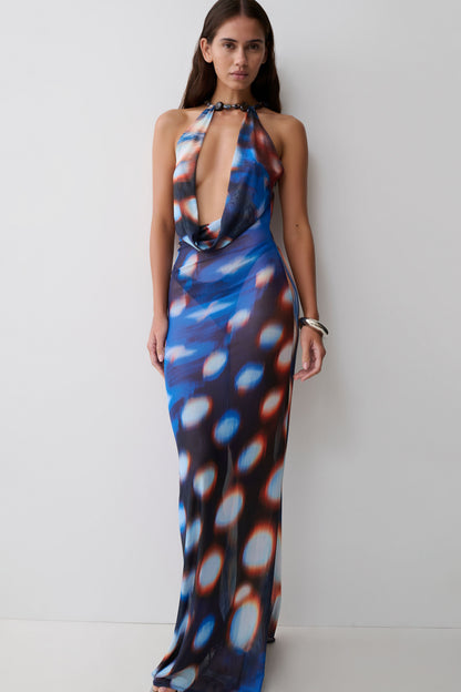 Ethel Mesh Cowl Plunge Maxi - Blue Abstract Print