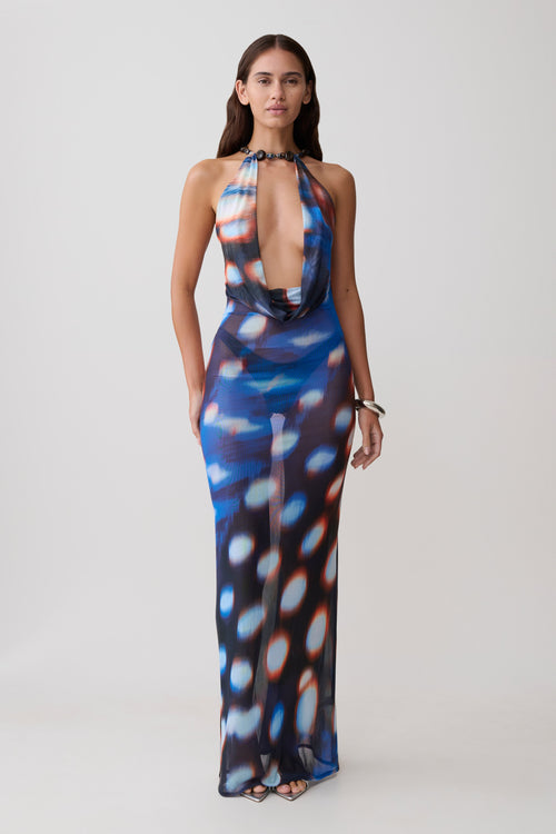 Ethel Mesh Cowl Plunge Maxi - Blue Abstract Print