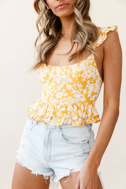 Eyes On The Prize Lace-Up Back Ruffle Crop Top Floral Print Yellow