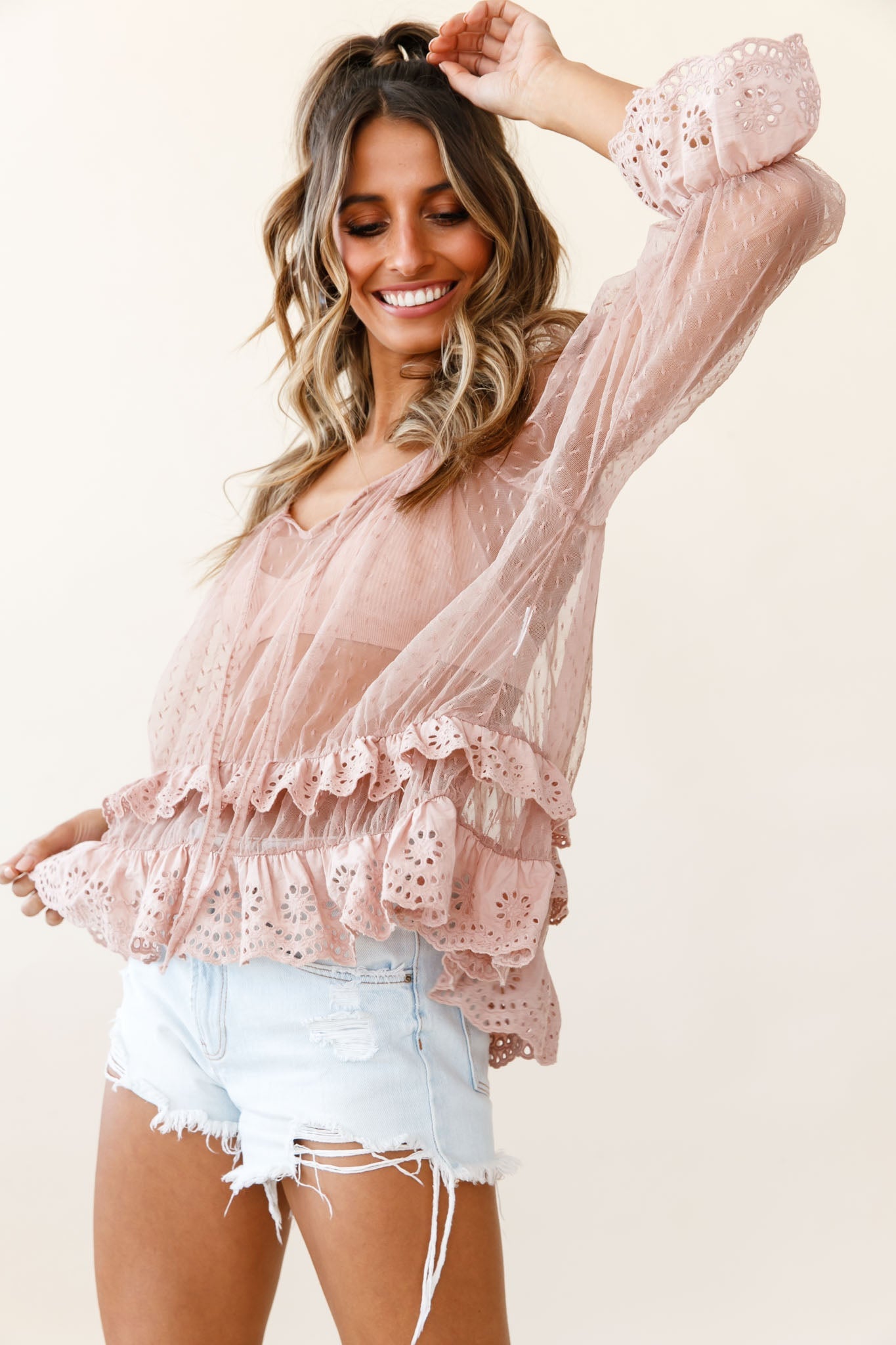 Kiana Adjustable Neckline Tie Hail Spot Mesh Top Mocha