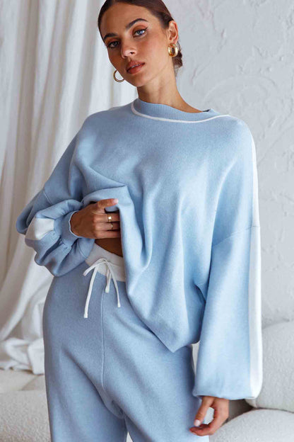 Take Me Back Balloon Sleeve Drop Shoulder Brushed Knit Sweater Blue