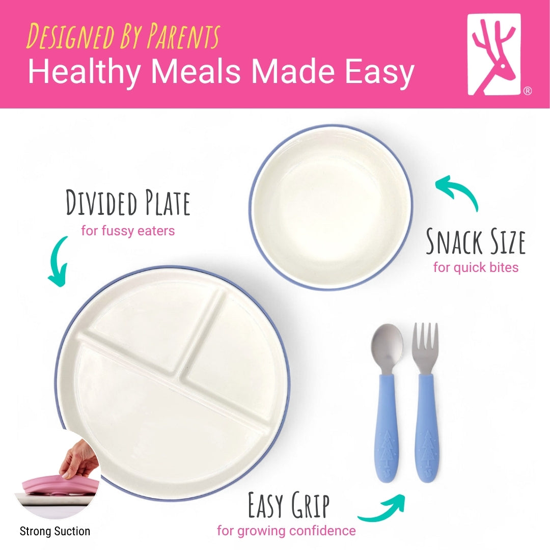 Kids Porcelain Mealtime Bundle | Plates, Bowls + Toddler Utensils | Suction Sleeves | Sage/MistyBlue