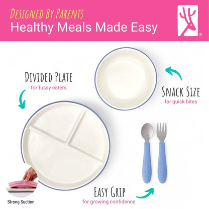 Kids Porcelain Mealtime Bundle | Plates, Bowls + Toddler Utensils | Suction Sleeves | Sage/MistyBlue