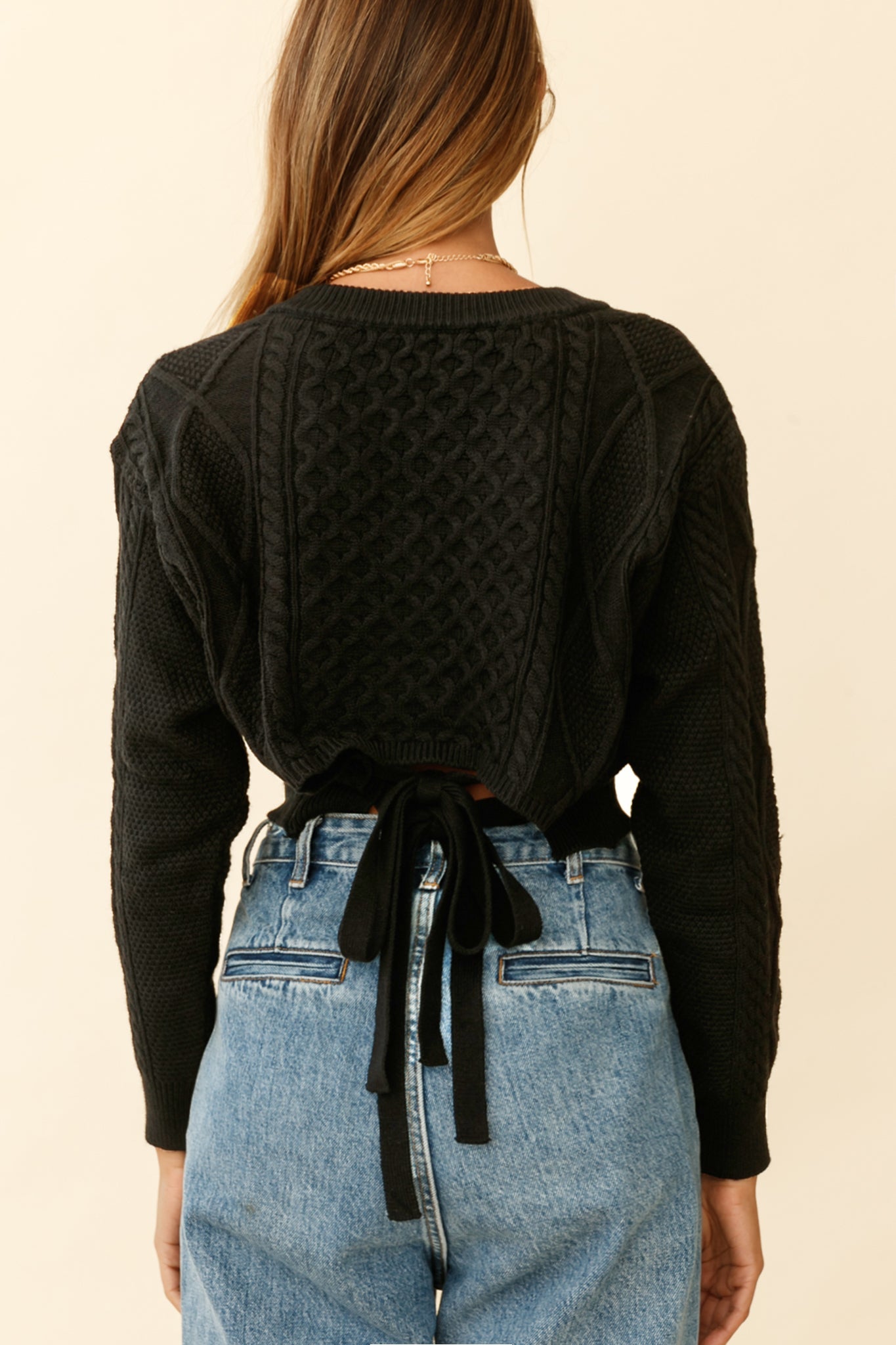 Dulce de Leche Long Sleeve Tie-Back Knit Sweater Black