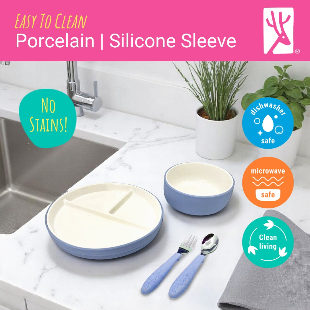 Kids Porcelain Mealtime Bundle | Plates, Bowls + Toddler Utensils | Suction Sleeves | Sage/MistyBlue