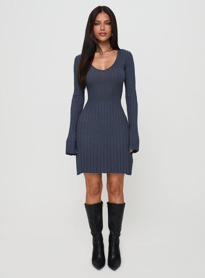 Liberte Ribbed Long Sleeve Mini Dress Charcoal