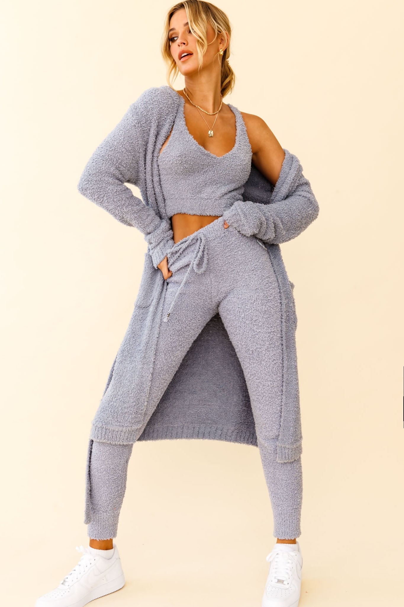My Girl Fuzzy Knit Thick Strap Crop Top Steel Blue