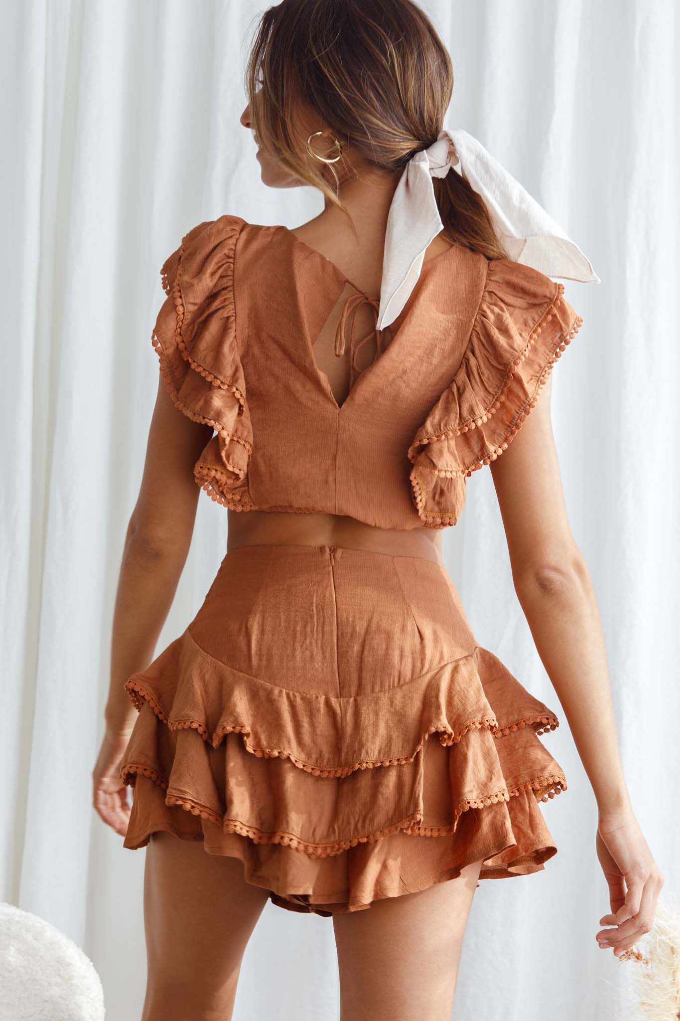 Wild And Free Pintuck Pleat And Ruffle Crop Top Tan