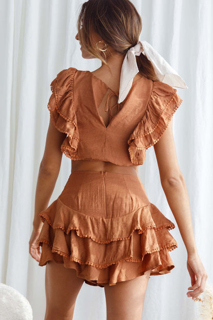 Wild And Free Pintuck Pleat And Ruffle Crop Top Tan