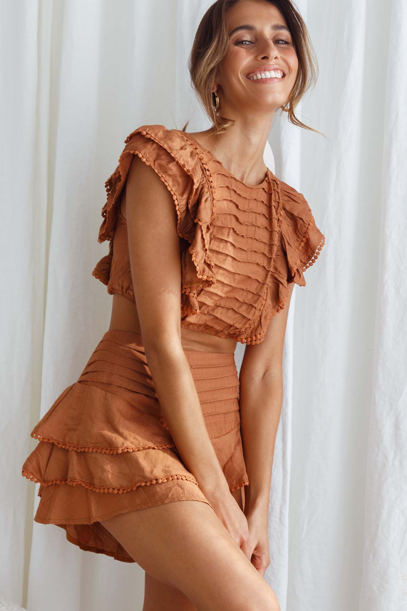 Wild And Free Pintuck Pleat And Ruffle Crop Top Tan