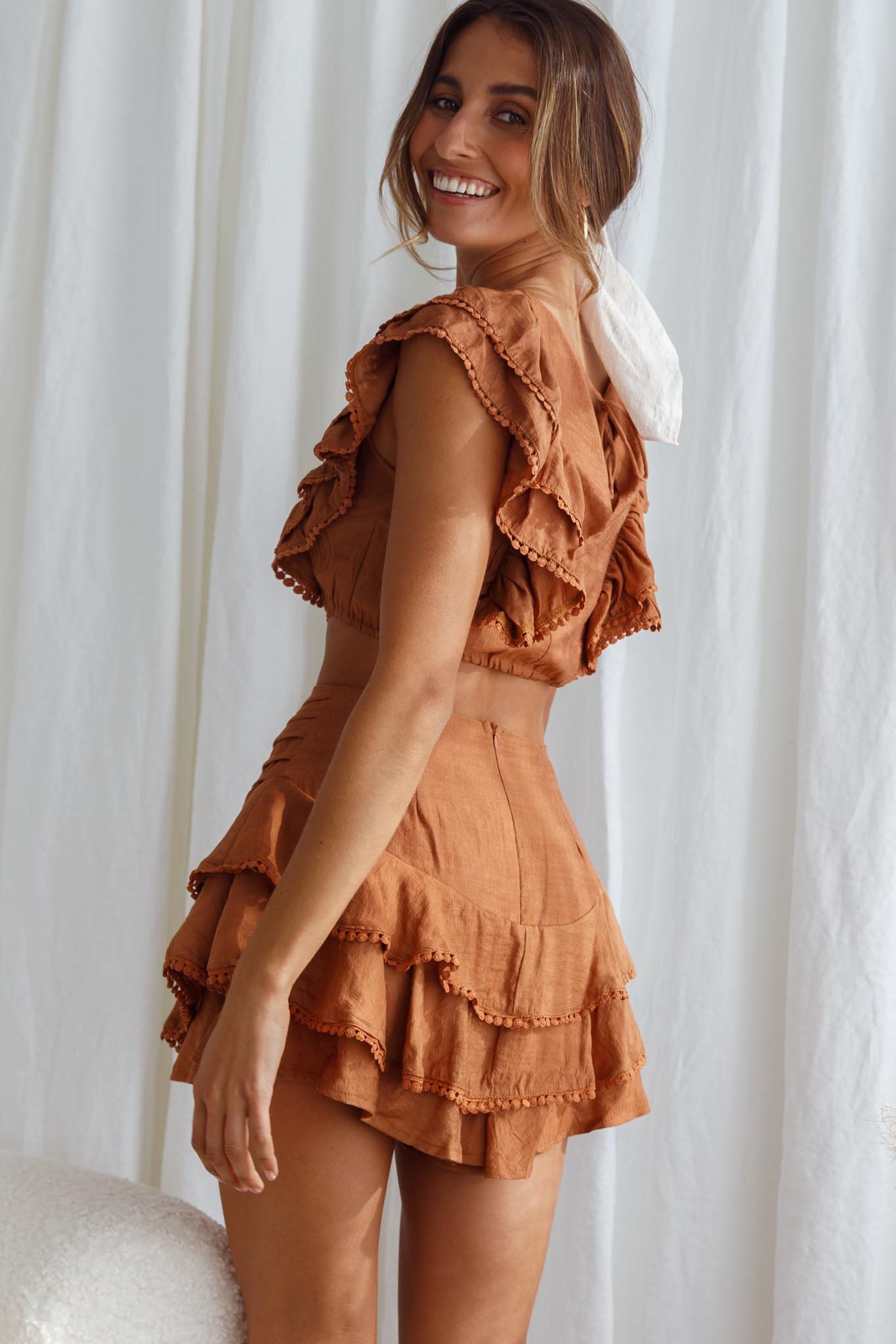 Wild And Free Pintuck Pleat And Ruffle Crop Top Tan