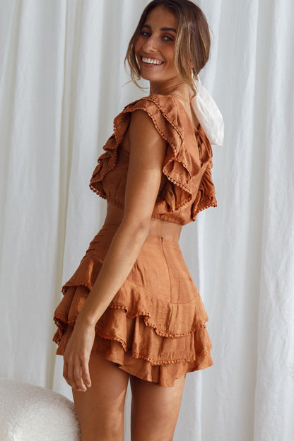 Wild And Free Pintuck Pleat And Ruffle Crop Top Tan
