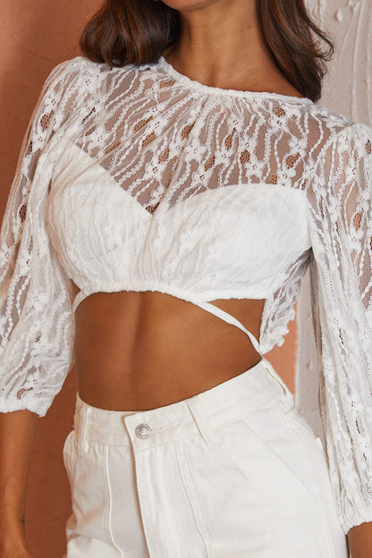 Tres Chic Balloon Sleeve Open Back Lace Crop Top White