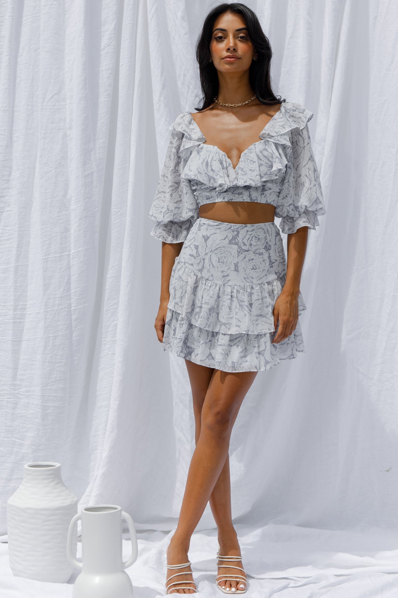 Kiss And Tell Ruffle Trim Balloon Sleeve Crop Top Rose Print Ink