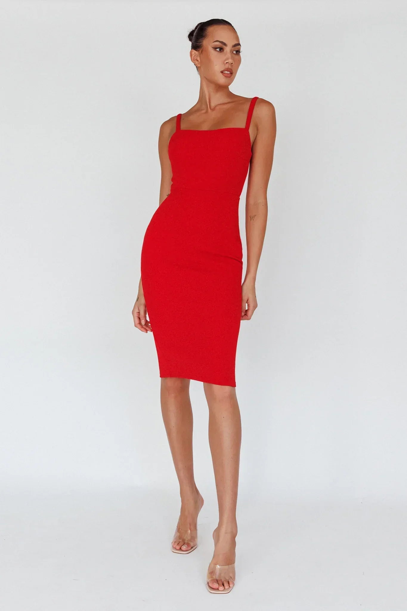 Georgia Square Neckline Midi Dress Red