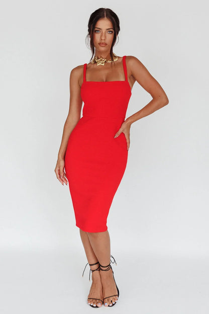 Georgia Square Neckline Midi Dress Red
