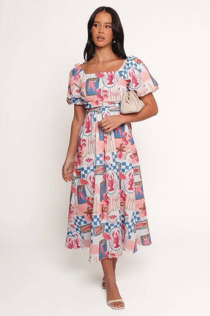Clo Puff Sleeve Midi Dress - Pink Blue