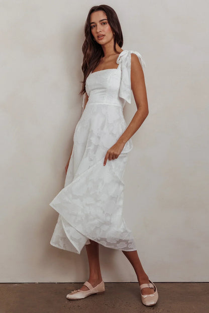 Jeanie Bow Shoulder Midi Dress Embossed White