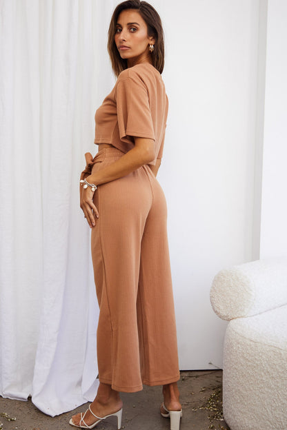 Larissa Crew Neck Ribbed Tee Crop Top Tan