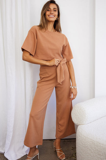 Larissa Crew Neck Ribbed Tee Crop Top Tan