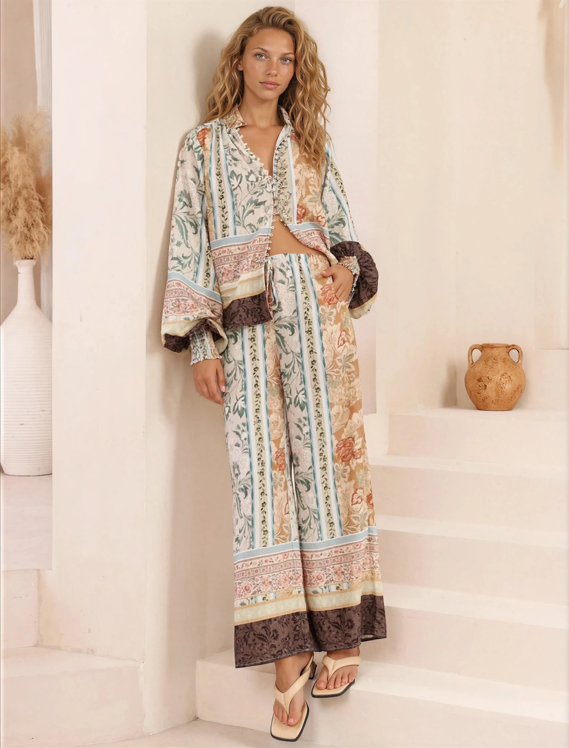 Adelaide Pants - Drawstring High Waisted Wide Leg Pant in Lyla Print