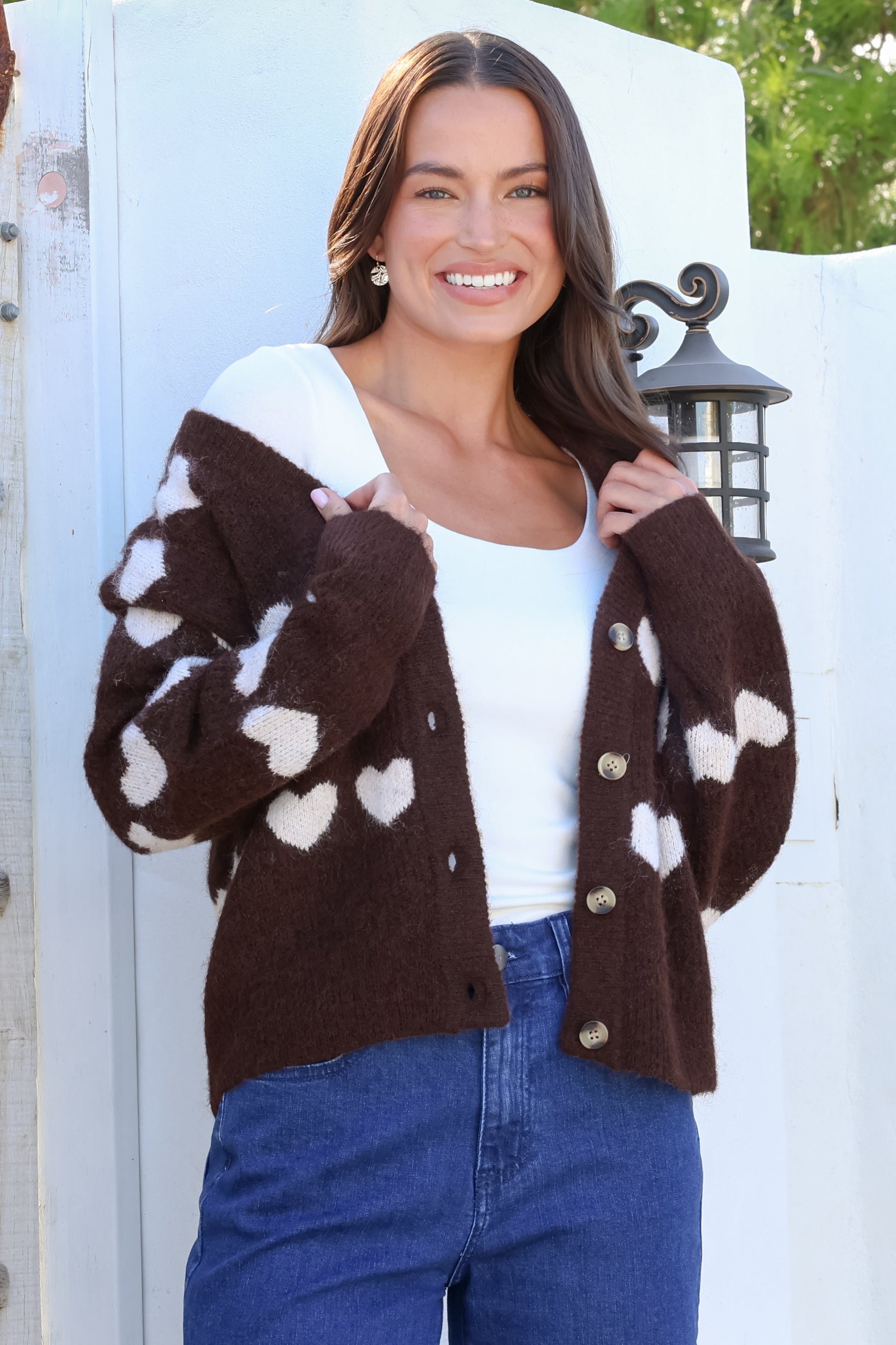 Allaria Cardigan - V-Neck Button Front Heart Motif Knit in Coffee