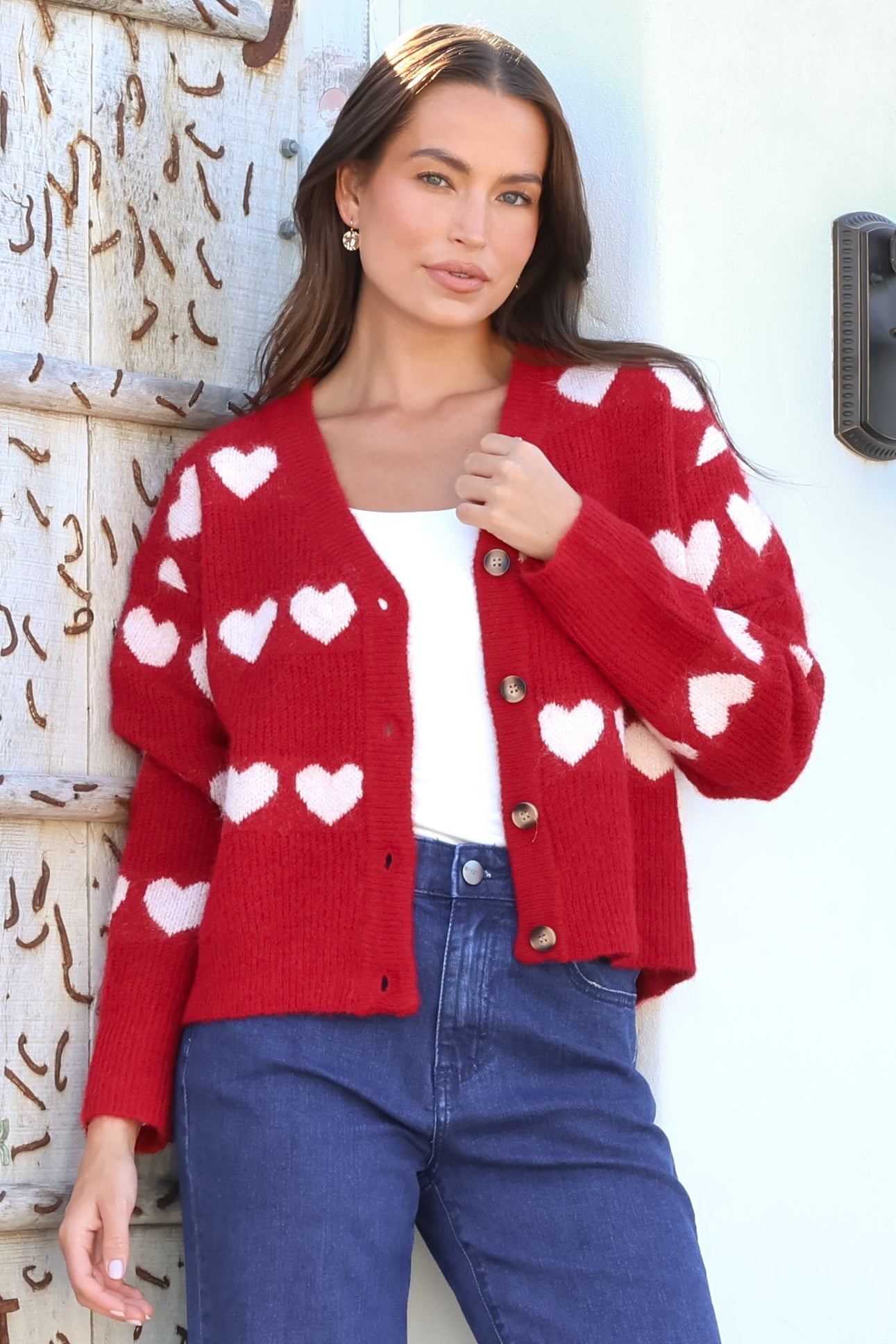 Allaria Cardigan - V-Neck Button Front Heart Motif Knit in Red