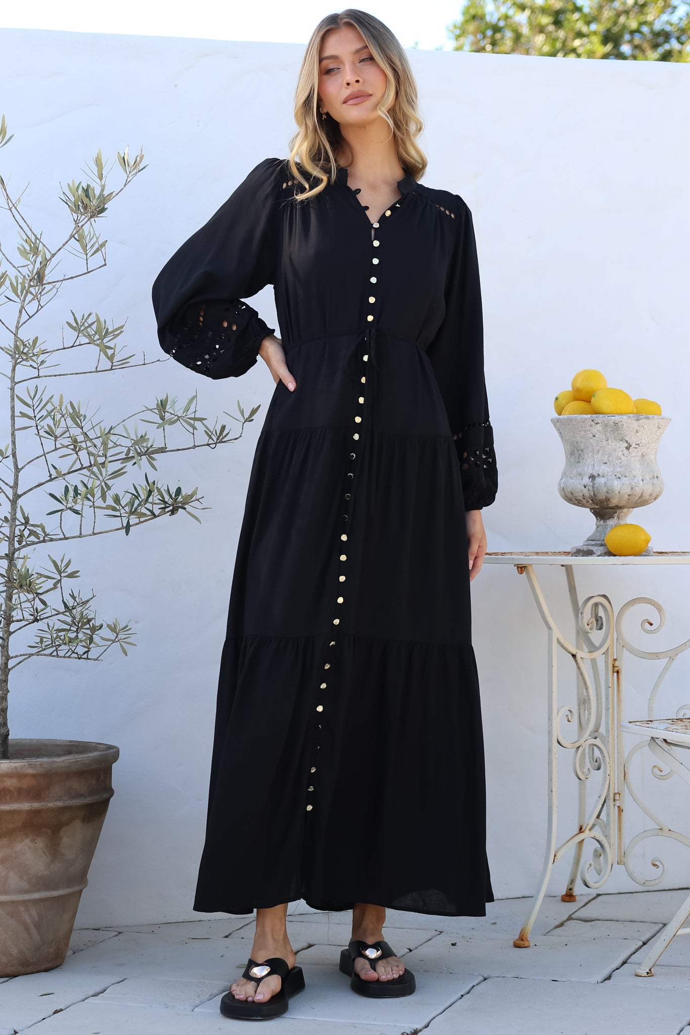 Alyce Maxi Dress - Mandarin Collar Button Down with Detachable Waist Tie in Black