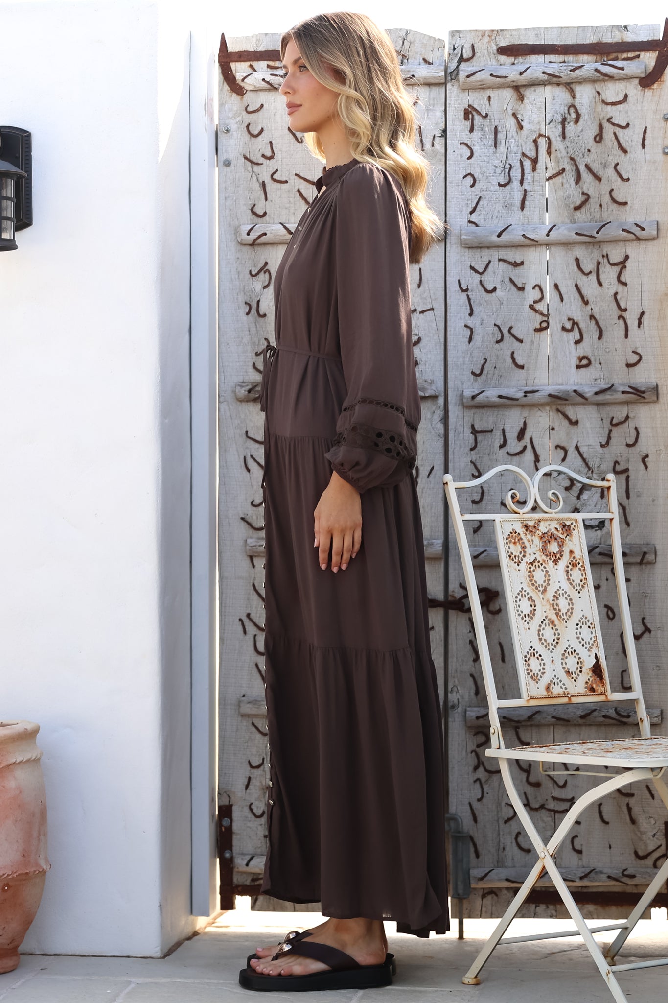 Alyce Maxi Dress - Mandarin Collar Button Down with Detachable Waist Tie in Chocolate
