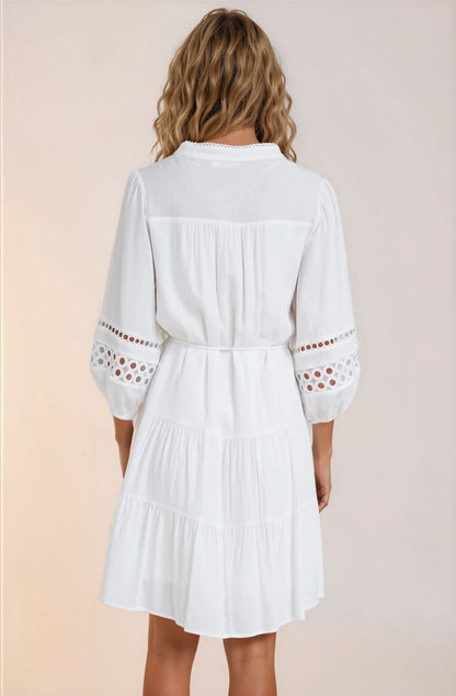 Alyce Mini Dress - Button Down Dress with Cut Out Detailed Sleeves and Matching Belt in White