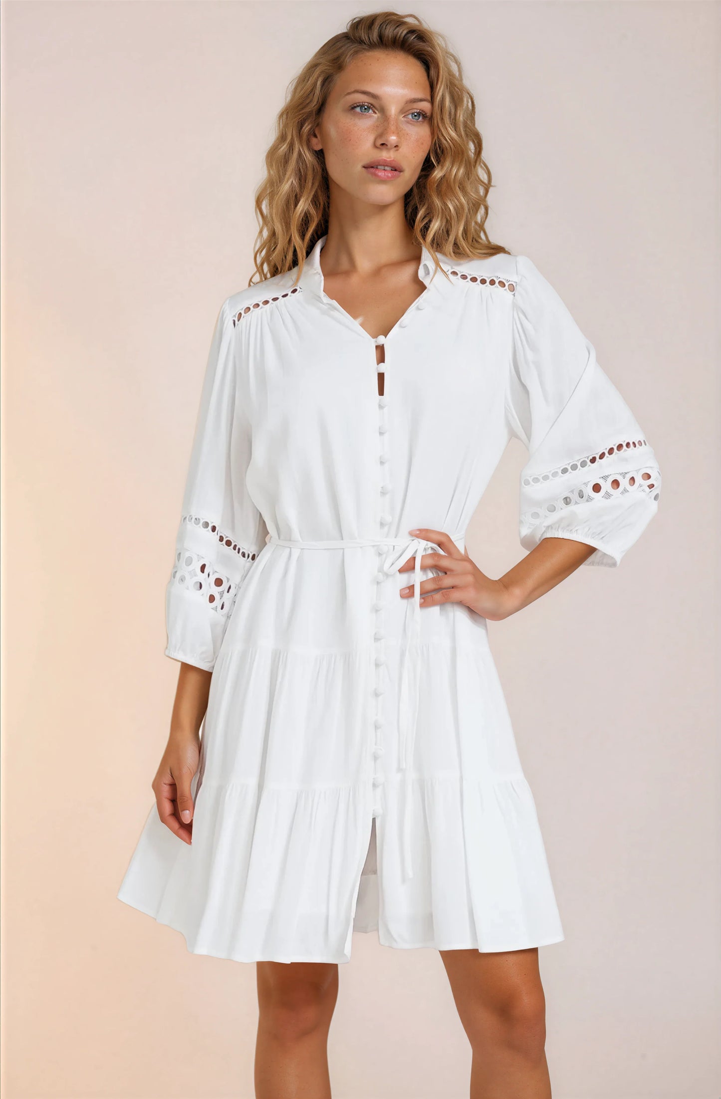 Alyce Mini Dress - Button Down Dress with Cut Out Detailed Sleeves and Matching Belt in White