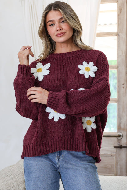 Amara Jumper - Crew Neck Floral Motif Knit with Ribbed Hemlines in Wine