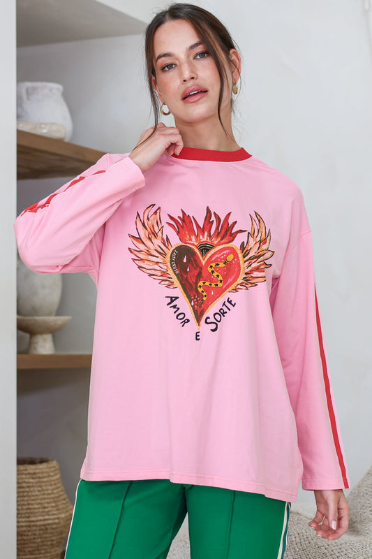 Amor E Sorte Long Sleeve Tee - Crew Neck Contrast Sport Stripe Graphic T-Shirt in Pink