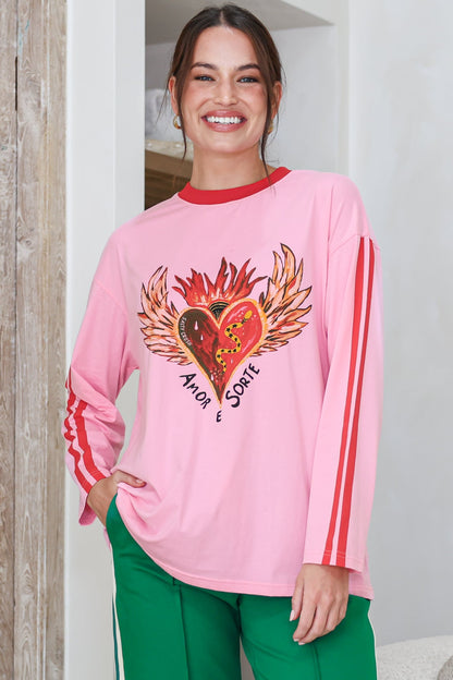 Amor E Sorte Long Sleeve Tee - Crew Neck Contrast Sport Stripe Graphic T-Shirt in Pink