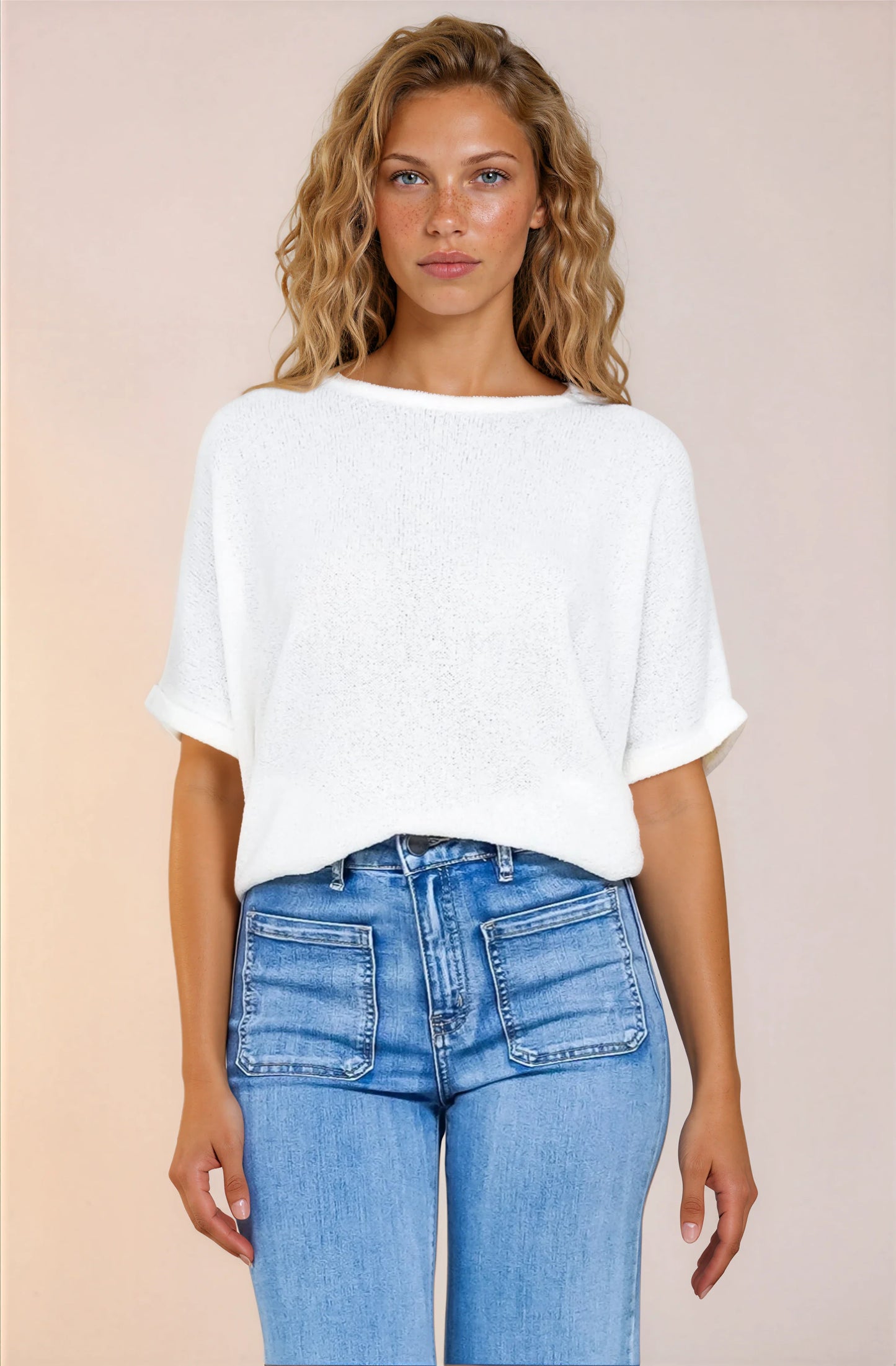 Andre Top - Crew Neck Slouchy Knit Top with Cuffed Short Sleeves in White