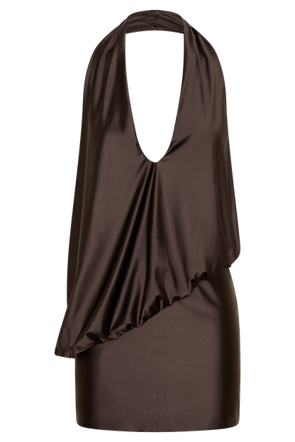 Arabel Draped Halter Mini Dress - Chocolate