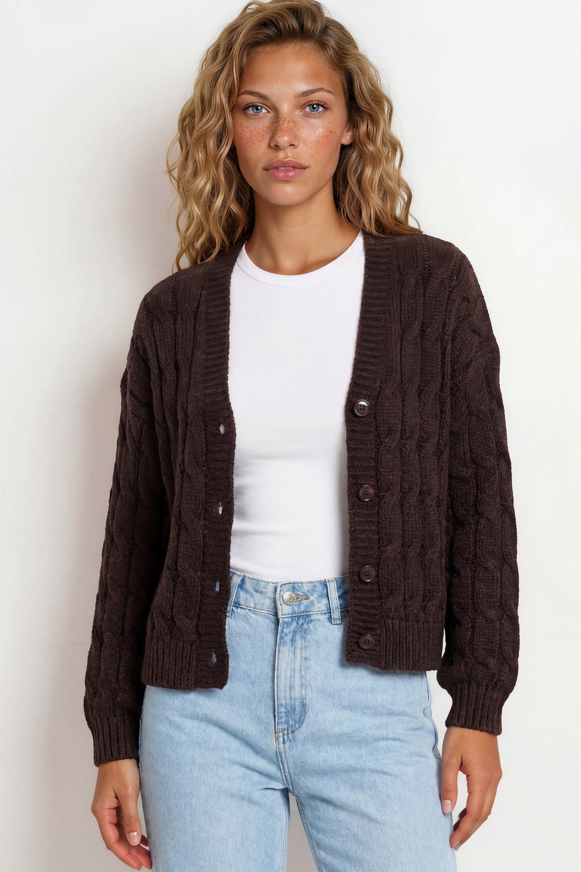 Aspen Cardigan - Crew Neck Button Front Short Polo Knit in Coffee