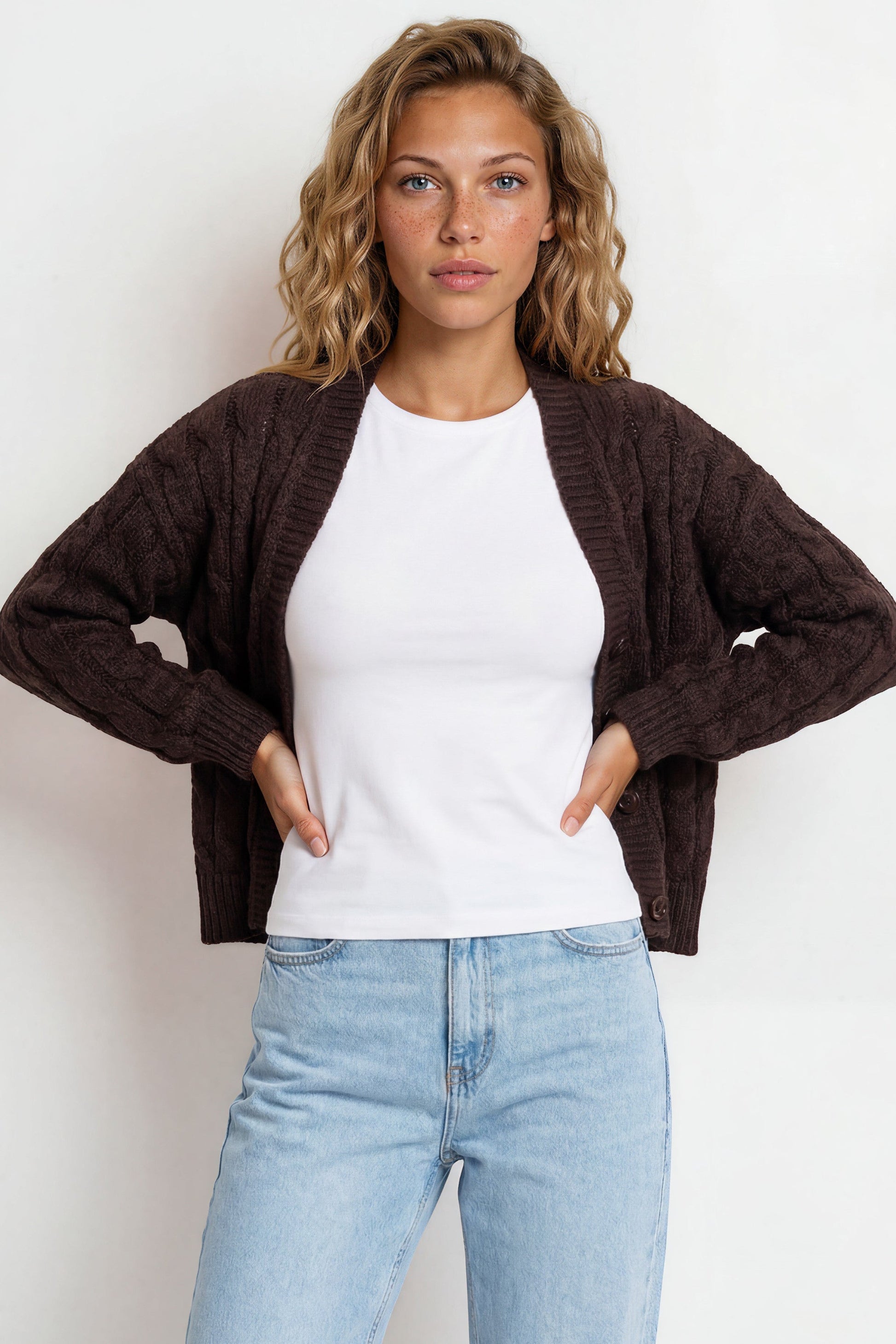 Aspen Cardigan - Crew Neck Button Front Short Polo Knit in Coffee